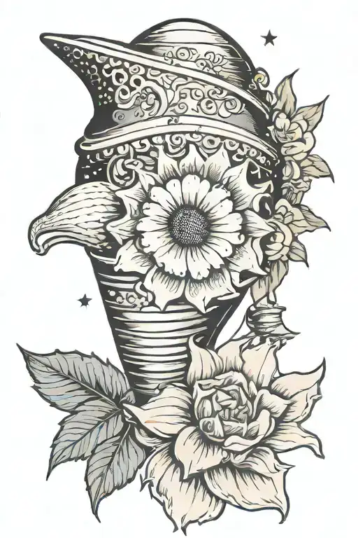conch seashell surrounded by Gerber daisy with a large bell and stars tattoo design idea