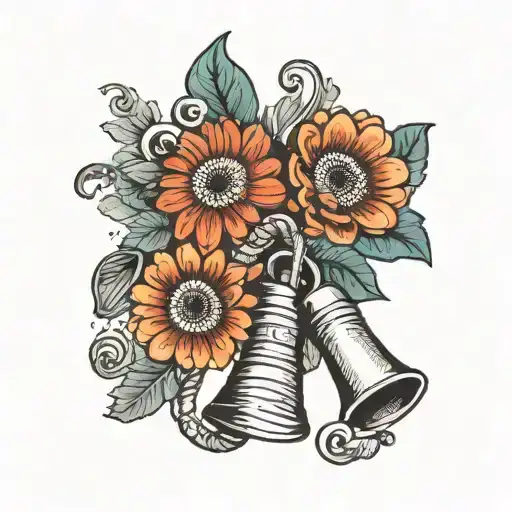 gerbera daisies intertwined with a sea shells and a classic hand bell  tattoo design idea