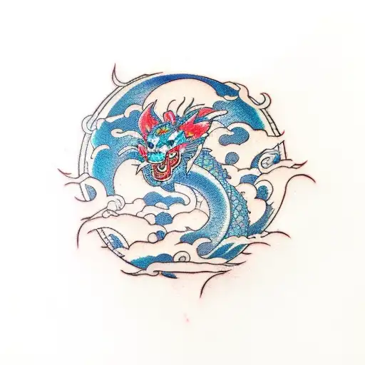 Incorporate Japanese mythology into a traditional tattoo design inspired by the Azure Dragon tattoo design idea