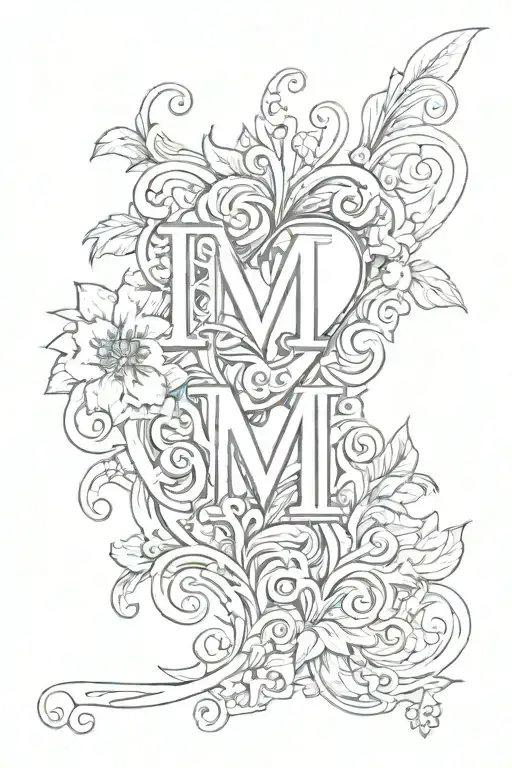 initial M with heart tattoo design idea