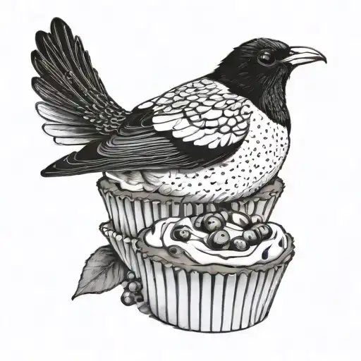 Magpie sitting on a single blueberry muffin tattoo design idea