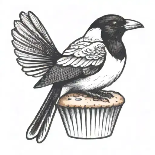 Magpie sitting on a single blueberry muffin tattoo design idea