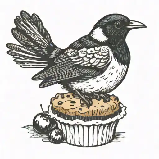 Magpie sitting on a single blueberry muffin tattoo design idea