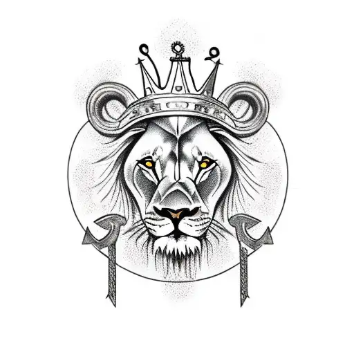 Lion with a crown, including an anchor, butterfly and moon 3D tattoo tattoo design idea