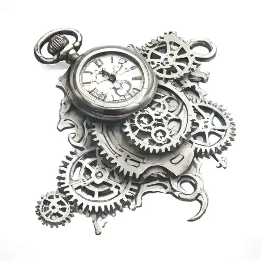 A realistic broken apart pocket watch with gears tattoo design idea