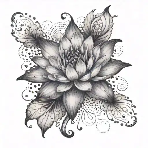 A mystical waterlily and larkspur flower surrounded by swirling waves and dots tattoo design idea
