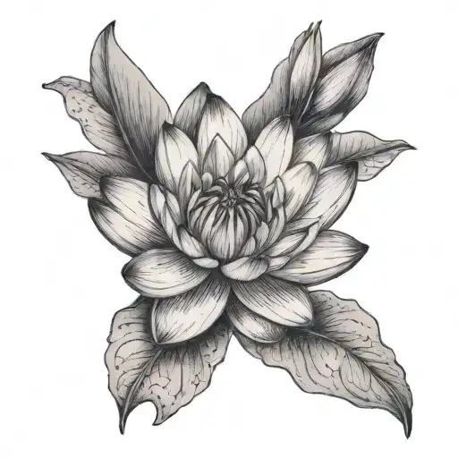 A black and grey realistic depiction of a waterlily and larkspur flower blooming together tattoo design idea