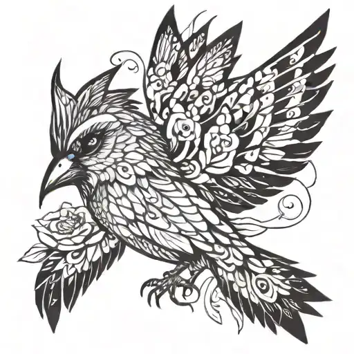sparrow bird fairy face and wings hybrid creature in patchwork tatto tattoo design idea