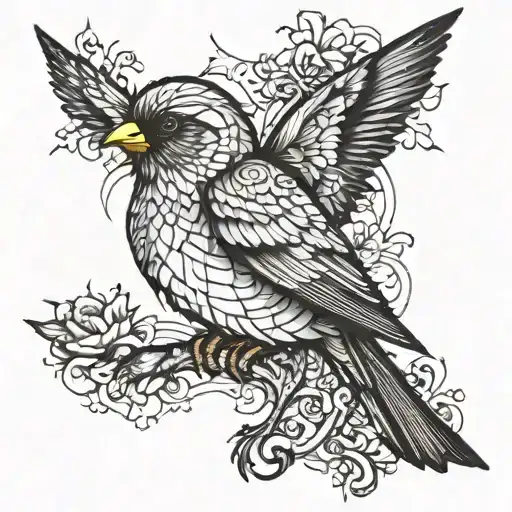sparrow bird fairy hybrid creature in patchwork tattoo tattoo design idea