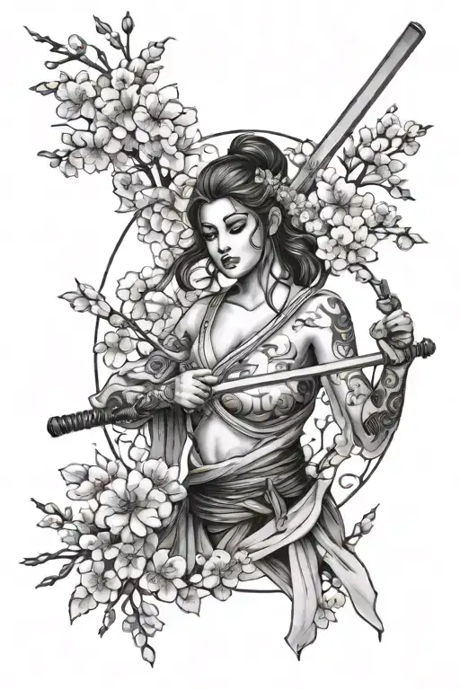 A Greek goddess holding a katana sword, surrounded by Japanese cherry blossoms and coins tattoo design idea