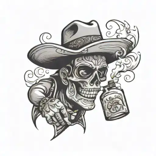 tequila bottle with a cowboy hat & smoking tattoo design idea