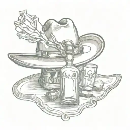 tequila bottle and a cowboy hat with a gun morphing tattoo design idea