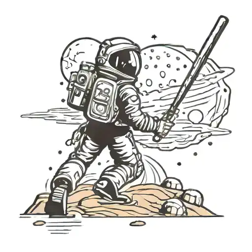 a space cowboy on the red dirt of mars hitting a meteor with a rocket shaped baseball bat towards Earth  tattoo design idea