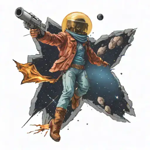 a space cowboy hitting a meteor with a bat shaped like a rocket towards Earth  tattoo design idea