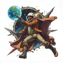 a space cowboy hitting a meteor with a bat shaped like a rocket towards Earth  tattoo design idea
