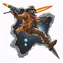 a space cowboy hitting a meteor with a bat shaped like a rocket towards Earth  tattoo design idea