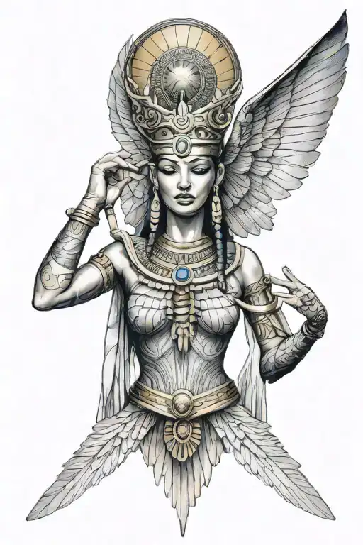 goddess isis facing front with dragonfly wings spread wide behind her tattoo design idea
