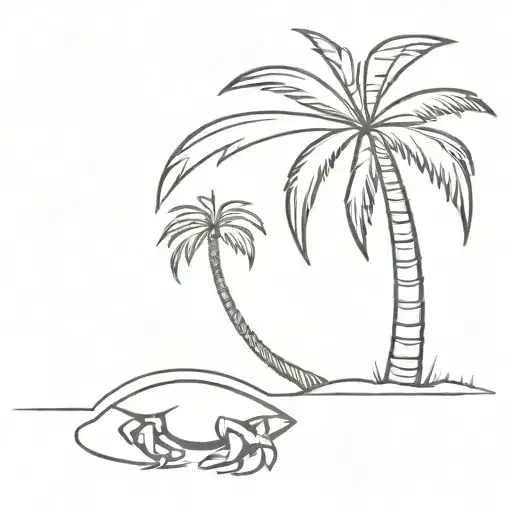 A minimalist design of a palm tree with a crab crawling up the trunk tattoo design idea