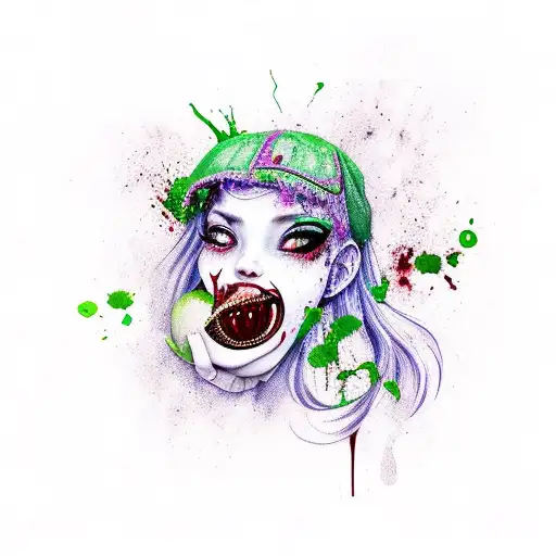 beautiful girl with green snablack eyes and fangs holding an apple with a bite out of it with blood dripping from fangs  tattoo design idea