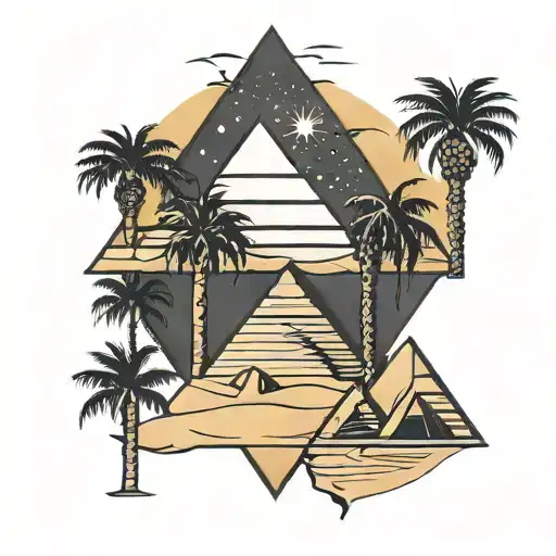 Egyptian symbols with hieroglyphs with pyramids and desert with palm trees. tattoo design idea
