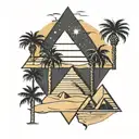 Egyptian symbols with hieroglyphs with pyramids and desert with palm trees. tattoo design idea
