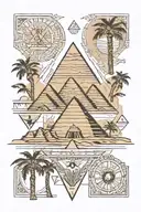 Egyptian tattoo sketch, with its symbols, hieroglyphs, pyramids, desert, palm trees. tattoo design idea