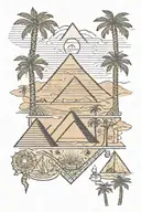 Egyptian tattoo sketch, with its symbols, hieroglyphs, pyramids, desert, palm trees. tattoo design idea