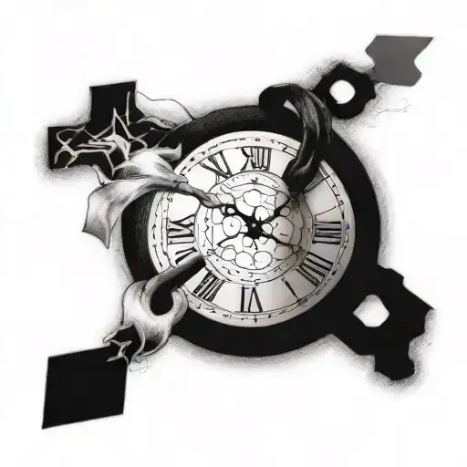 A dotwork tattoo of a cross intertwined with a clock, symbolizing the passage of time and faith tattoo design idea