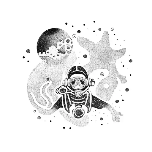 Galaxy-themed scuba diver exploring an underwater beach tattoo design idea