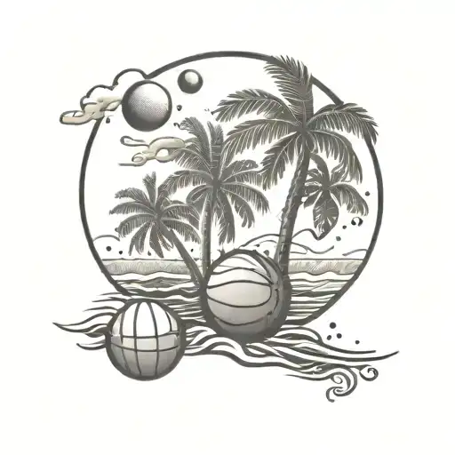 A dotwork tattoo of a beach scene with palm trees and a basketball, reflecting the client's favorite things - the beach and the Cleveland Cavaliers tattoo design idea