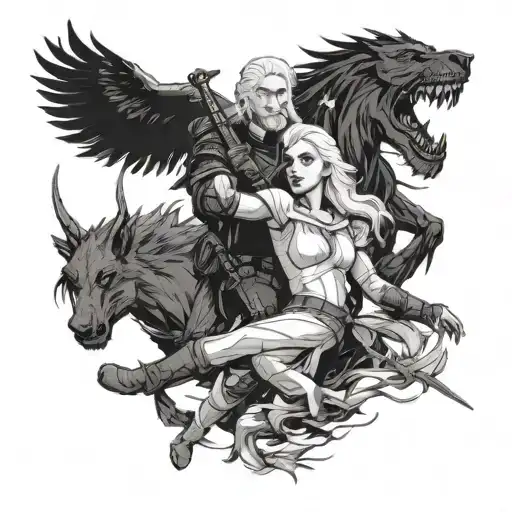 witcher 3 style with Geralt Yennefer and Ciri fighting off Wild Hunt tattoo design idea