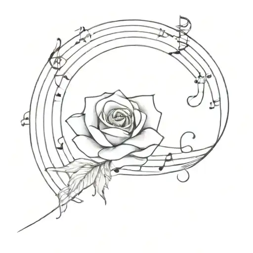 rose in front of moon and surrounded by musical notes tattoo design idea