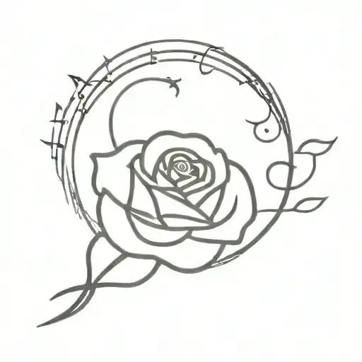 rose in front of full moon and surrounded by musical notes tattoo design idea