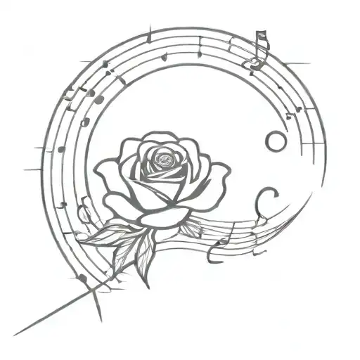 rose in front of moon and surrounded by musical notes tattoo design idea