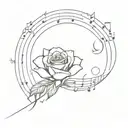 rose in front of moon and surrounded by musical notes tattoo design idea