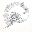 rose in front of moon and surrounded by musical notes tattoo design idea