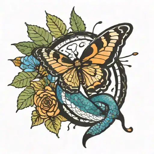 snake try to bite butterfly while flying tattoo design idea