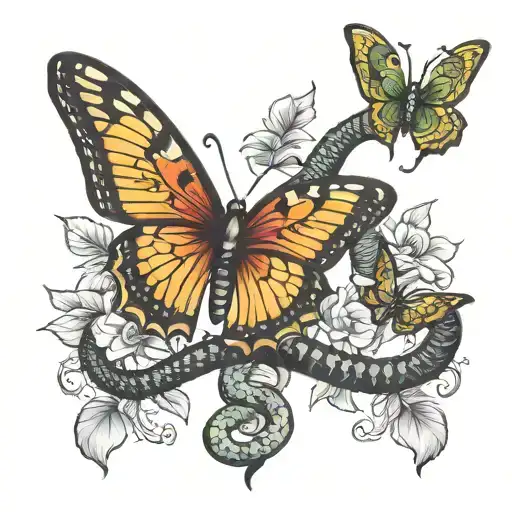 snake extend to try to bite butterfly while flying tattoo design idea