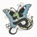 snake extend to try bite a butterfly while flying  tattoo design idea