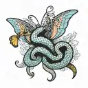 snake extend to try bite a butterfly while flying  tattoo design idea
