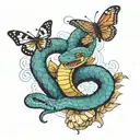 snake extend to try bite a butterfly while flying  tattoo design idea