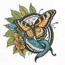 snake try to bite butterfly while flying tattoo design idea