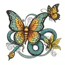 snake extend to try to bite butterfly while flying tattoo design idea
