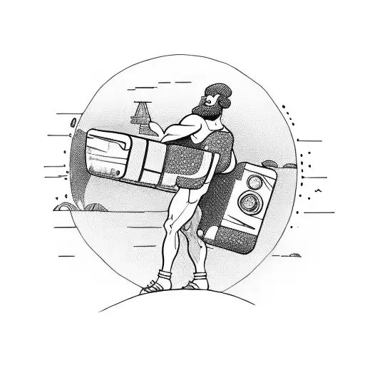 A humorous illustration of a Greek god traveling the world with a suitcase and a boombox tattoo design idea