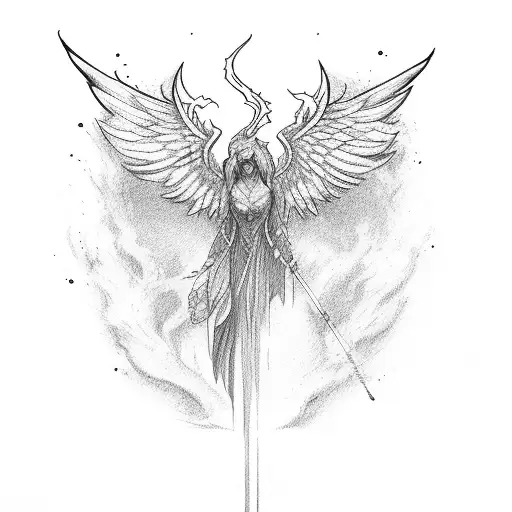 phoenix with two fairys and and elf tattoo design idea