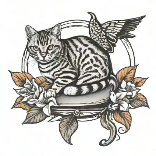 orange cat dead with doves and tombstone  tattoo design idea
