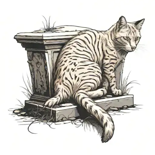orange cat dead underground with a tombstone on top of the grave tattoo design idea