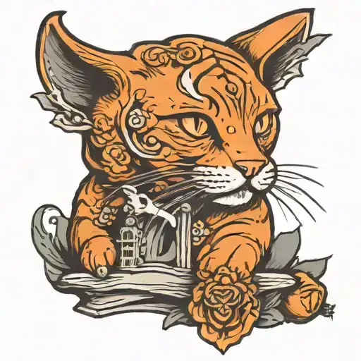 orange cat dead with doves and tombstone  tattoo design idea