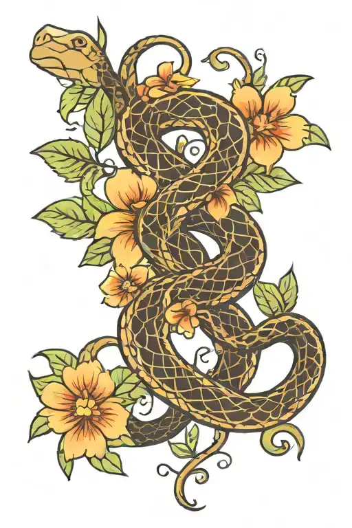 flowers snake intertwined tattoo design idea