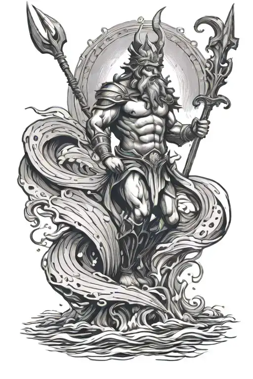 Neptune stands in the water with a trident tattoo design idea